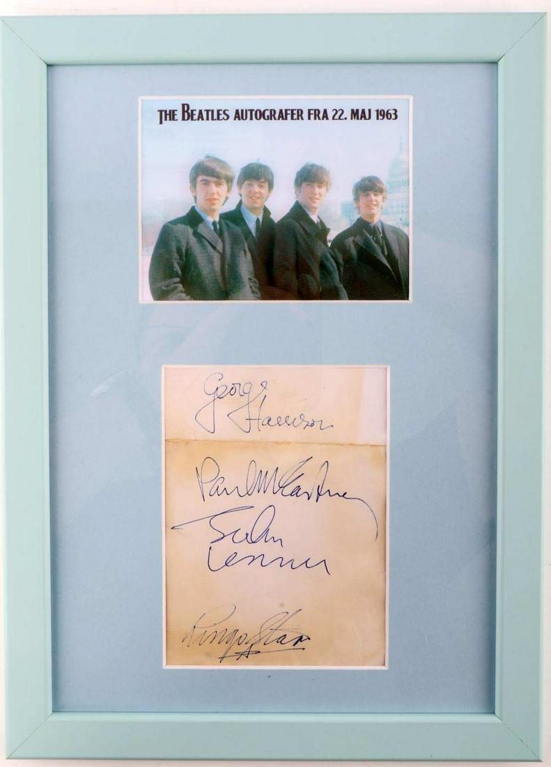 1963 THE BEATLES FULL GROUP AUTOGRAPHS ALL MEMBERS: Piece of paper signed by all four members of The Beatles. In order from top to bottom: George Harrison, Paul McCartney, John Lennon, and Ringo Star. All in blue ink. Autographs obtained arround May 22