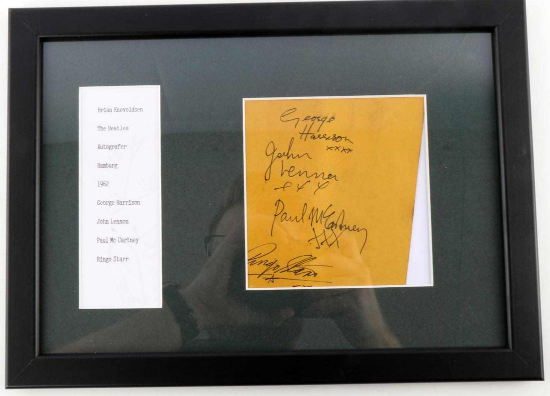 1962 THE BEATLES FULL GROUP AUTOGRAPHS ALL MEMBERS: Piece of paper signed by all four members of The Beatles. In order from top to bottom: George Harrison, John Lennon, Paul McCartney, and Ringo Star. All in black ink. Autographs obtained in 1962 in Ha
