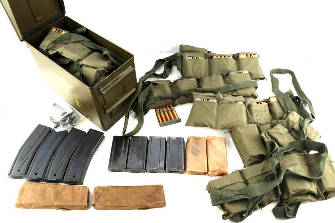 APPROX 400 ROUNDS 7.62 NATO AMMUNITION WITH CLIPS: Lot features at least 400 rounds of 7.62 NATO Ball m80 ammunition with 5 round clips. Also included is 1 ammo canister, and several m1 carbine clips. Very good condition.