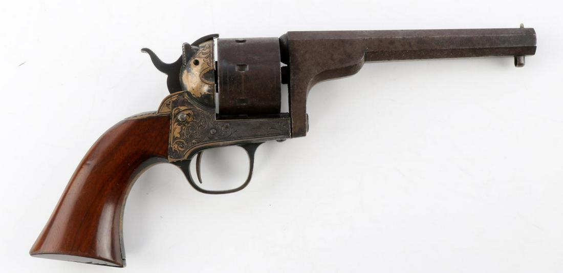 D. MOORE SINGLE ACTION BELT REVOLVER: Nice example, .32 Rimfire, 5 inch barrel, D. Moore Patent date on barrel top September 18th 1860, cylinder stamped A 73, star burst lower trigger guard as well as Butt, tight action, very good conditi