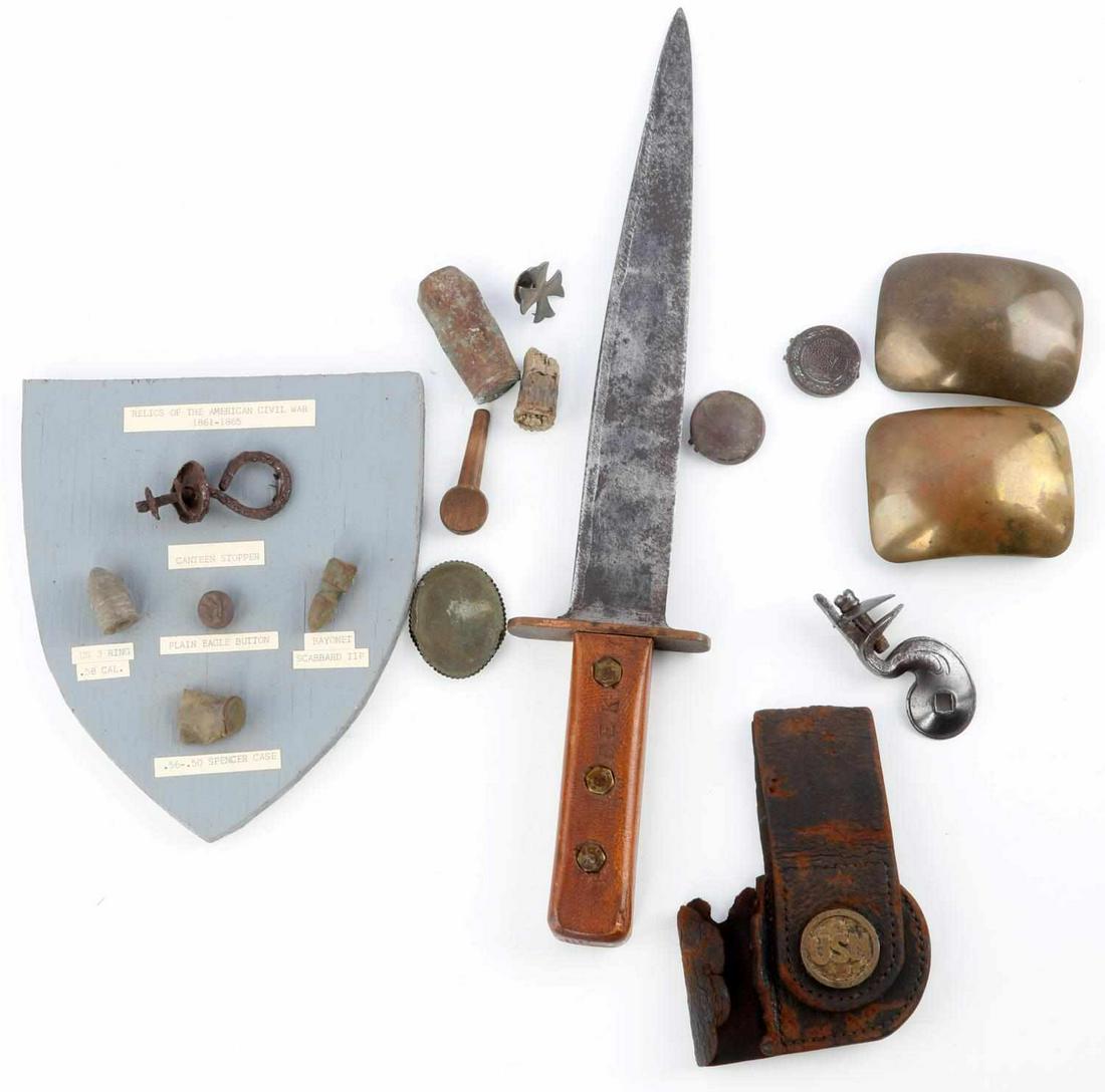 FRAME OF CIVIL WAR ARTIFACTS DUG & NON: Includes 14 inch fighting knife and 2 belt plates that are later, but remaining artifacts are period pieces, and include possible 5th Corp badge, USN bayonet frog, locket with Ambrotype remnants all c
