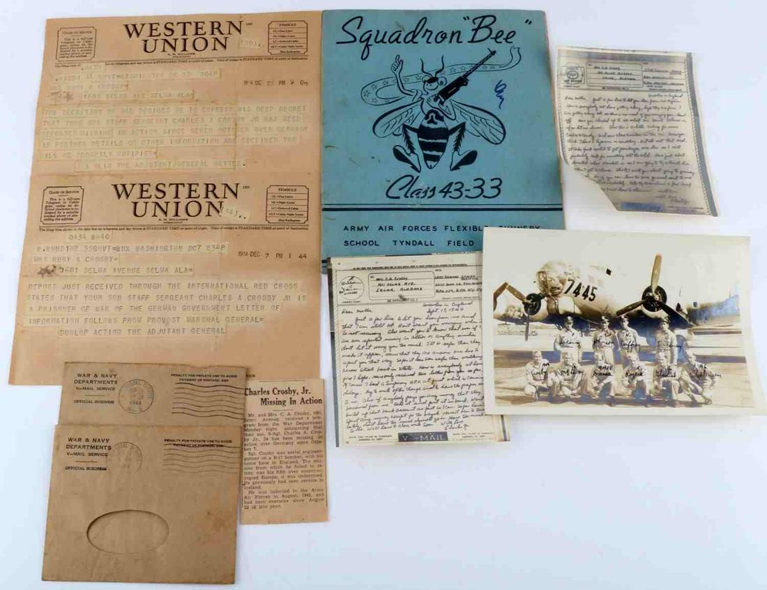 WWII POW ARCHIVE B-17 AERIAL GUNNER C. CROSBY: B-17 7445 Shot down October 1944 over Germany. Archive includes Photograph of crew with Crosby lower left, 2 V mails to his mother in Selma, Alabama 1 month prior to being shot down, Squadron Class Gr