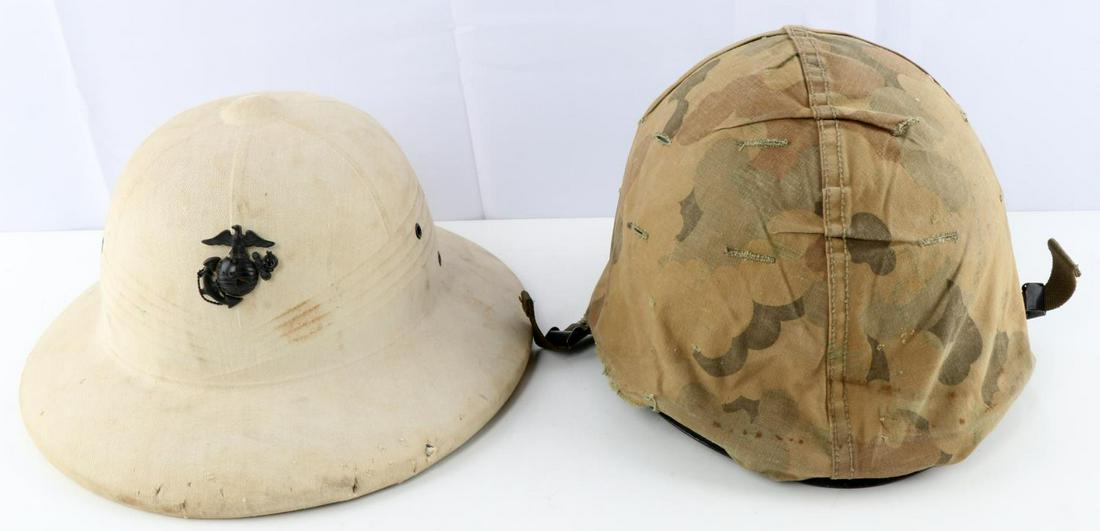 USMC OFFICERS PITH W EGA DI M1 SHELL & HELMET: Vietnam era, Pith Helmet with officer no Cuba EGA, M1 helmet liner with Army drill instructor decal marked US73 at crown, M1 helmet rear seam swivel bale Vietnam era with Woodland pattern cover.