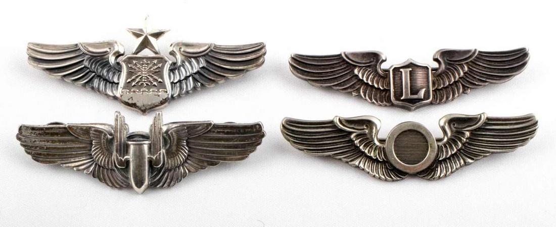 4 WWII STERLING SILVER WINGS AERIAL GUNNER LIAISON: All wings are 3 inches. The Aerial Gunner are clutch back sterling, the Liaison are Amico sterling, pinback, Observer are Meyer sterling, pinback, senior Radio operator are sterling Meter stamped pinb