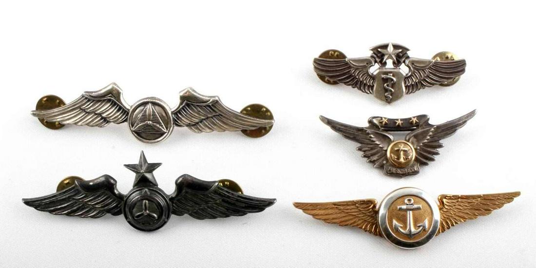 POST WAR CAP AIR CREW FLIGHT SURGEON STERLING WING: 4 Sets of sterling wings, 2 3/4 pinback air crew Meyer, 3 inch Civil Air Patrol sterling 1-E, clutch back, 2 inch Amico sterling 3 star early pinback Air Crew, 2 inch clutchback sterling Meyer, early 