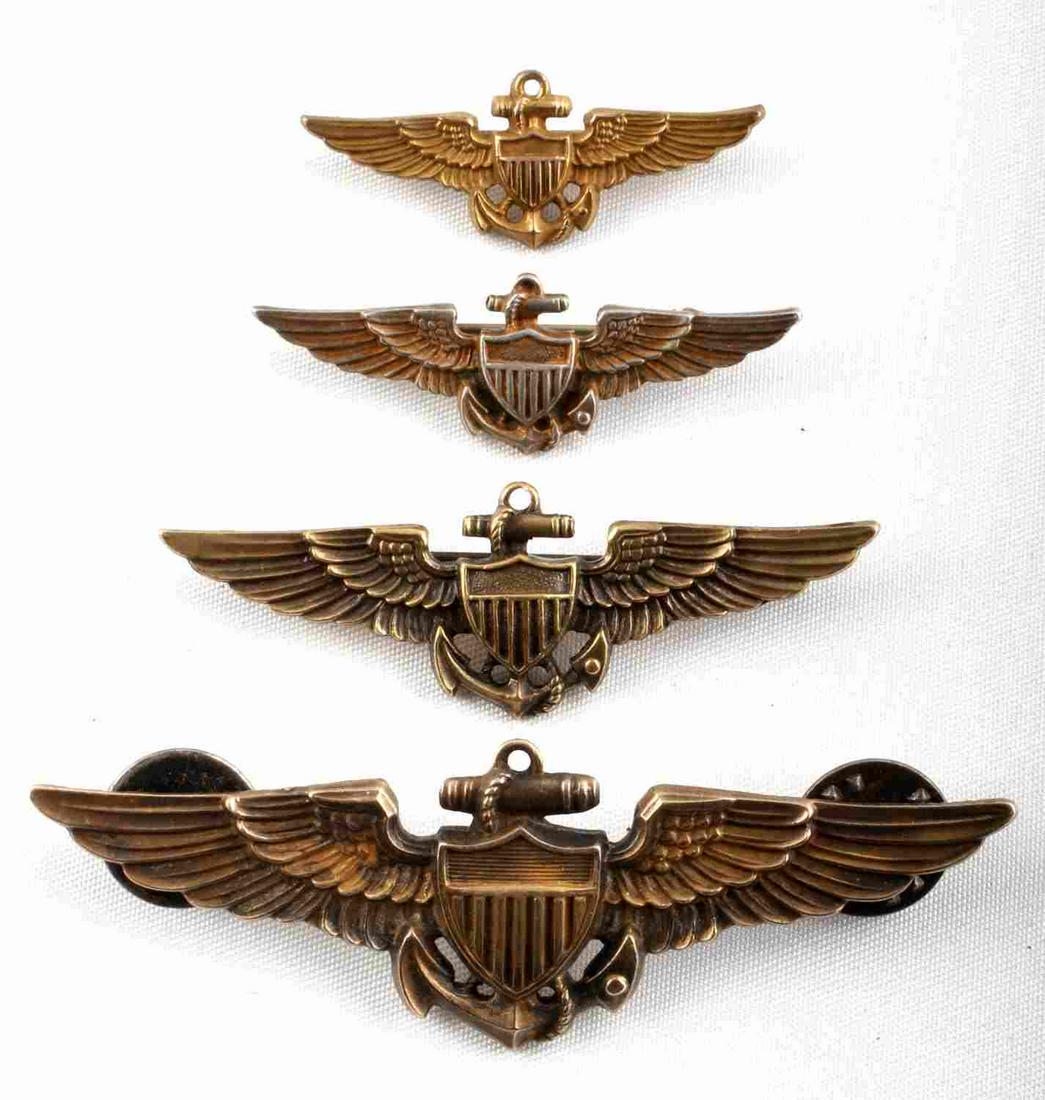 4 WWII USN NAVY STERLING AVIATOR PILOT WINGS: Includes 4 different sizes 2 3/4 sterling Meyer clutch back, 2 inch Gemsco gold fill pinback, 1 1/2 inch sterling pinback, 1 7/16 sterling Amico pinback, all very good original condition.
