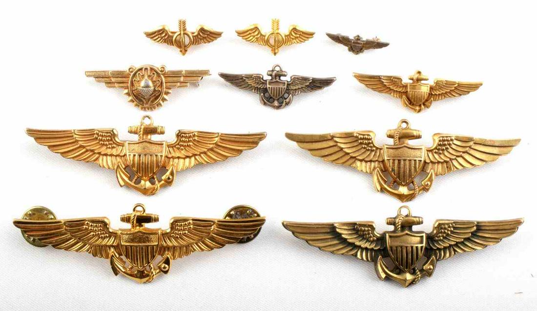 10 WWII GOLD FILL USN NAVY AVIATION PILOT WINGS: WWII and post war includes 2 3/4 inch Vanguard pinback 2 3/4 inch Vanguard spelled out pin back, 2 3/4 inch Amico pinback2 3/4 inch numbered 307 clutchback. 1 1/2 inch Flight Surgeon Vanguard pinback,