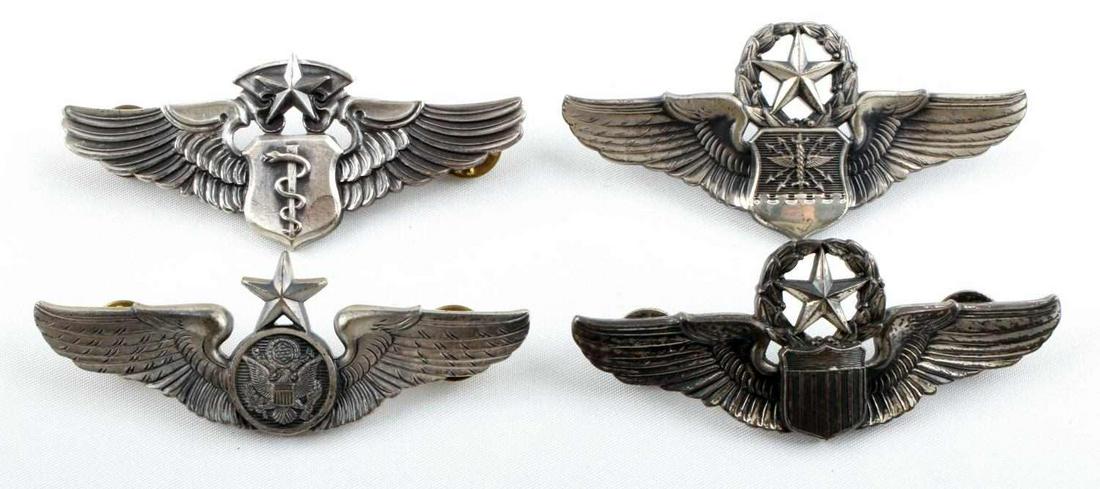 4 WWII STERLING PILOT WINGS SURGEON RADIO AIR CREW: All Senior, all clutch back, all 3 inches, the Flight Surgeon is N.S Meyer, Senior air crew CP, senior pilot 12C, Radio S21