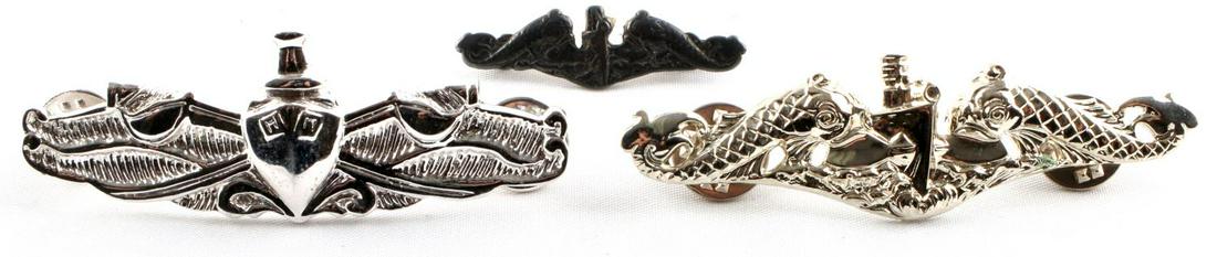 3 STERLING SILVER VIETNAM ERA SUBMARINE BADGE LOT: Also sterling Surface Warfare 2 1/2 inch stamped .925 silver, clutch back, 2 1/2 inch Gemsco clutch back sterling twin dolphin, 1 1/4 inch gold fill twin dolphin pinback possible WWII.