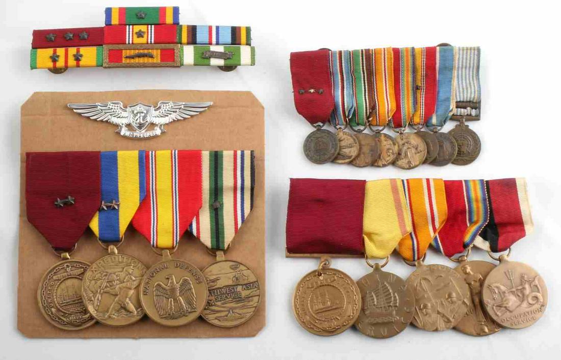 17 MULTI CONFLICT US MILITARY MEDALS W DEVICES: Lot features 17 medals and several ribbons with devices. WWII to Vietnam. Medals featured are WWII Victory, American Campaign, Korean Service, Asiatic Pacific Campaign, China Service, Vietnam Campaign