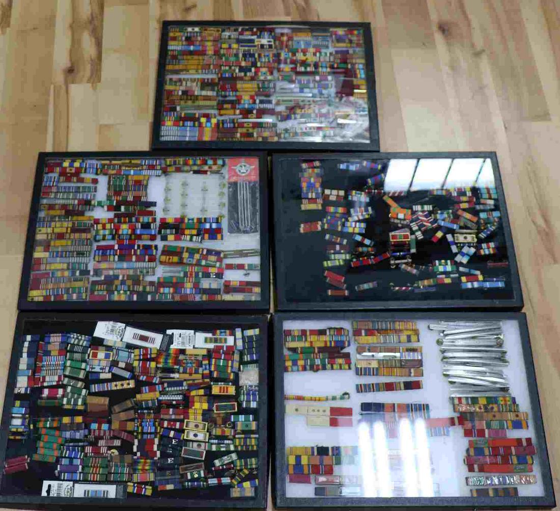 5 FRAMES WWI WWII KOREA VIETNAM MEDAL RIBBON LOT: Multi conflict ribbons, 100's , Silver star, Bronze star, Purple heart, many with devices, in 5 Riker mounts.