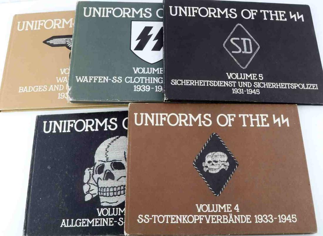 WWII GERMAN THIRD REICH ANDREW MOLLO UNIFORM BOOKS: WWII German Third Reich Andrew Mollo "Uniforms of the SS' Books. Lot includes; Volume 1 "Allgemeine SS 1923-1945," Volume 4 "SS Totenkopfverbande 1933-1945," Volume 5 "Sicherheitsdienst und Sicherheit