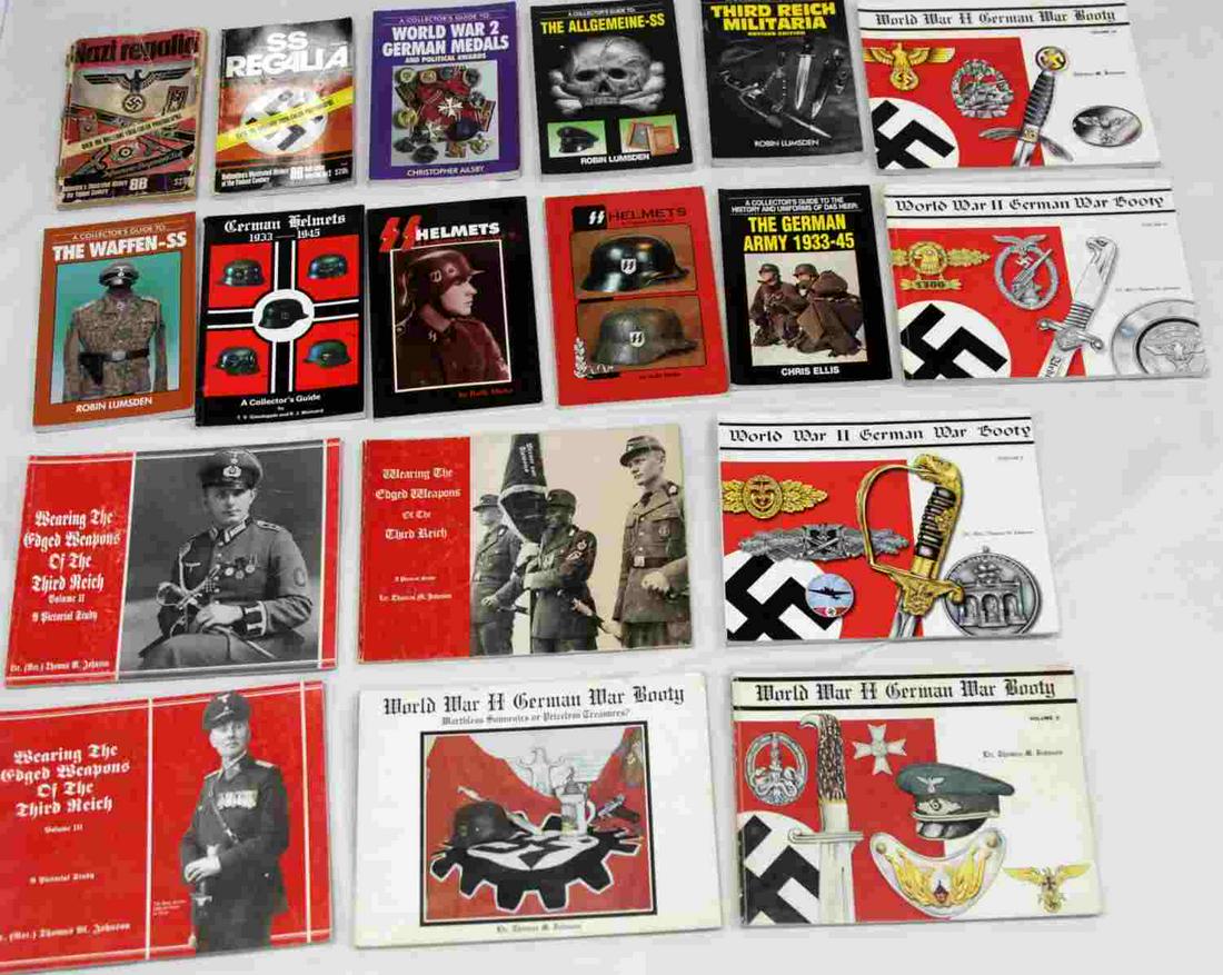 017 WWII GERMAN THIRD REICH SS HELMET DAGGER BOOKS: All paper back but include, Nazi Regalia, SS Regalia, Waffen SS, Allgemeine SS, German Medals, 3 Editions Wearing the Edged Weapons of the third Reich, SS helmets, % German War Booty and more.