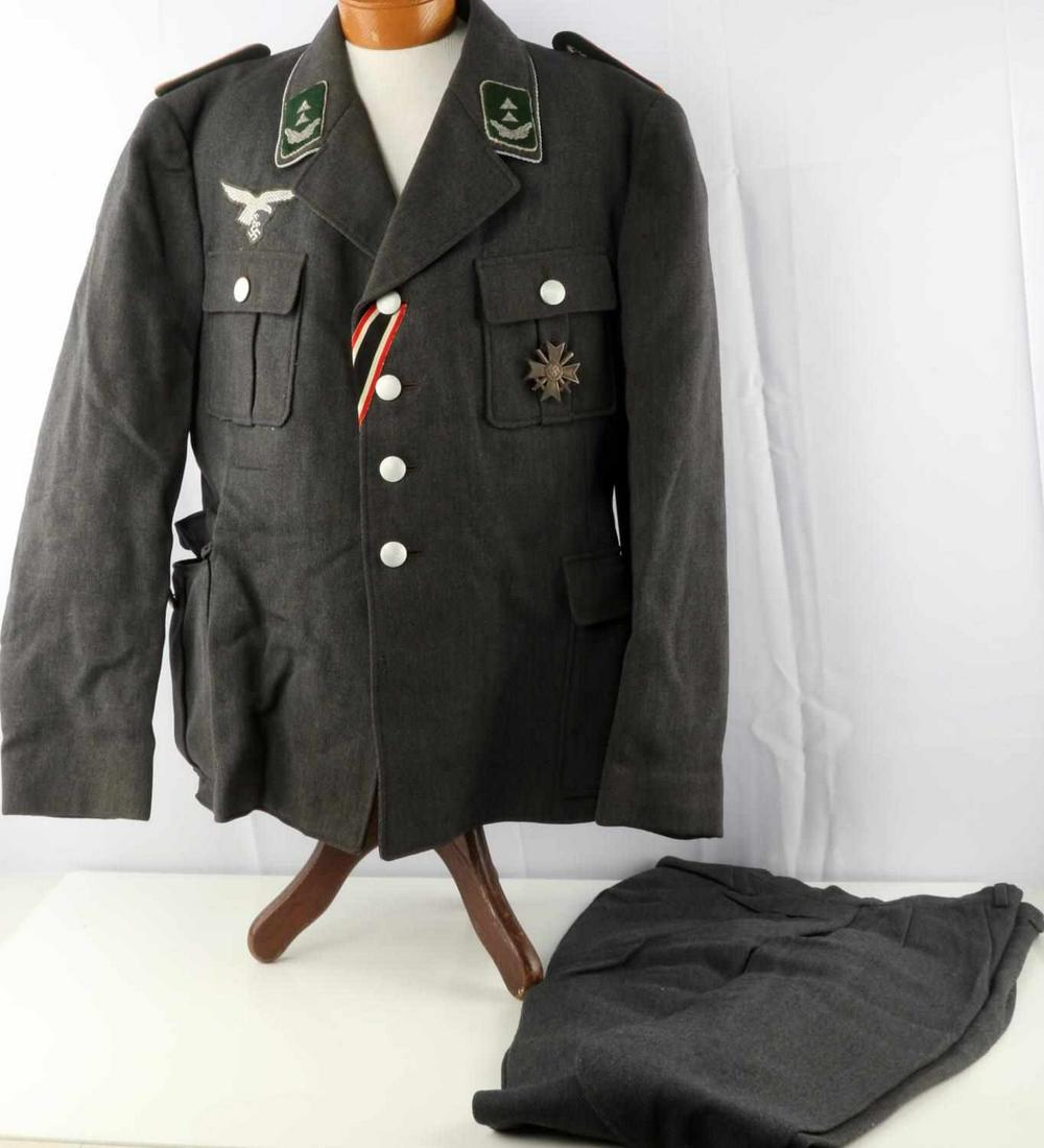 WWII GERMAN LUFTWAFFE NAMED HBT UNIFORM: Franz Xavier Steurer, captured by U.S. GI's in Rome 1944, spent 1 1/2 tears in a Naples POW camp, custom Herring Bone Twill tunic and French made named Jodhpurs Breeches, War merit cross and pilot win