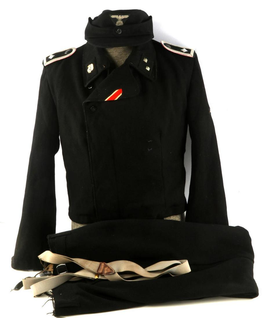 WWII GERMAN COMPLETE SS PANZER NCO UNIFORM M43: SS Panzer uniform - black wrap-around wool tunic with one-pip shoulder boards, SS Totenkopf and double pip collar tabs, ribbon to left side, eagle patch to left arm, size numbers stamped to cotton int