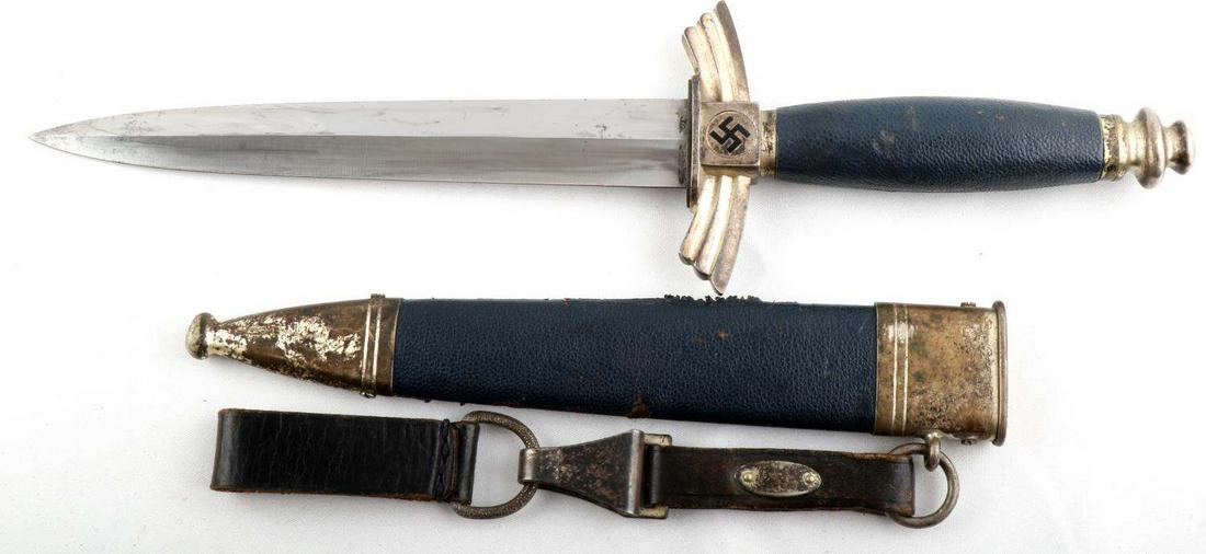 WWII GERMAN THIRD REICH DLV DRESS DAGGER: German Third Reich Luftwaffe DLV dagger. Features blue leather scabbard and grip with nickel fittings. SMF Solingen maker marked to reverse. Very good condition with age wear. Measures 13 3/8 inches o
