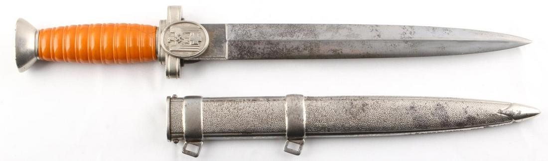 WWII GERMAN THIRD REICH LEADER RED CROSS DAGGER: Nickel plated, some loss to pommel and scabbard, correct unmarked blade with some darkening free of surface rust, Bakelite grip with hairline that has an old repair, tight in scabbard, otherwise very