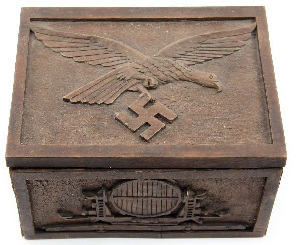 WWII GERMAN LUFTWAFFE HAND CARVED HUMIDOR: A hand carved trench art style original WWII Luftwaffe humidor or tobacco box, Luftwaffe eagle on lid, spotlight and radar emplacements carved on sides, 8x5 inches, some small separation at one of the