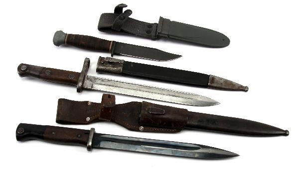 THREE VARIOUS EDGED WEAPONS WWII AND EARLIER: Lot of three edged weapons. WWII K98 mauser bayonet, with matching numbered scabbard and frog. Blued blade and scabbard, numbered 4240, marked "S/242" on ricasso, "36" on back edge. Very good conditio