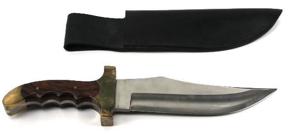 17" VINTAGE CUSTOM RIGID BOWIE KNIFE: A Rigid custom 0972 marked 10.5 inch blade Bowie style knife with sheath. Rare earlier issue blade.