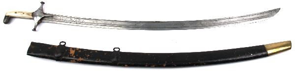 PERSIAN SHAMSHIR SCIMATAR 19TH CENTURY SWORD: A Persian Shamshir Scimatar sword , bone grips, hand decorated blade, with scabbard but likely replaced ferrule, 32 inch double blood groove blade, no rust or pitting overall good.