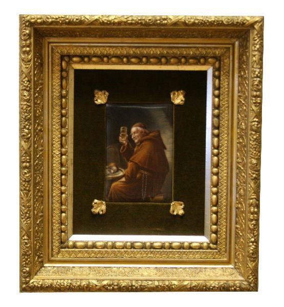 FRAMED KPM PLAQUE OF A MONK SIGNED WAGNER: 13.5x16 inches framed. Image size 3.75x5.75 inches. Hand painted KPM porcelain plaque depicting a monk in the Dutch master style. Signed Wagner in lower right. Brown velvet matte with gold gilt frame.