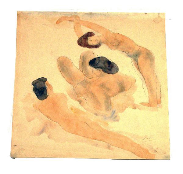 ORIGINAL WATERCOLOR BY AUGUSTE RODIN-THREE NUDES: A study of three nudes by Auguste Rodin (French 1840-1917). Original pencil and watercolor on paper. 15x19.5 inches. Signed "A RODIN" in lower right corner in pencil. From a private estate collection