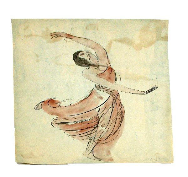 ORIGINAL WATERCOLOR BY AUGUSTE RODIN- DANCER: A study of a dancer by Auguste Rodin (French 1840-1917). Original ink and watercolor on paper. 15 by 19.5 inches. Signed "A RODIN" in lower right corner in pencil. From a private estate collection tha