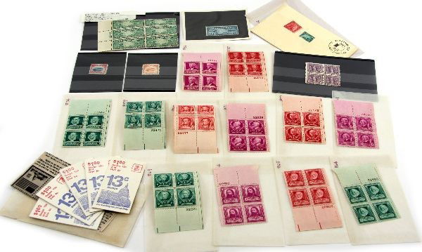 STAMP COLLECTION BLOCK JENNY LIBERTY & MORE: A stamp collector grouping of several better stamps all are non-hinged mint and near to full gum. They are as follows: C-3 Jenny 24 cent, Jenny 6 cent, Scotts C9 1926 air mail plate block of 6, S- 537