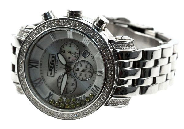 MENS JOJO RAINBOW STAINLESS FLOATING DIAMOND WATCH: Approx. 2 ctw diamond bezel with 1 ctw canary CZ stones in dial. Date and stop watch functions. Includes two spare links. Movement: Automatic quartz Case: 44mm: stainless steel Band: 8 inches; stainle