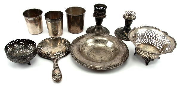 GROUPING OF STERLING SILVER PIECES: Flat golf trophy candy dish with 7.5 inch diameter. Inscribed "Searsdale Golf Decoration Day 1926...". Hand mirror inscribed " First Prize Won by Miss Nancy P. Ellicot with diameter of 4.75 inch. Two