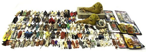 KENNER VINTAGE STAR WARS FIGURES COMPLETE SET +: Lot of 121 Kenner Star Wars action figures. Titles are as follows: Imperial storm trooper, biker scout, Rebel commando, Emperor Palpitine, Luke (Hoth), Barada, Luke (Bespin), Sy Snootles, Amanaman, Ma