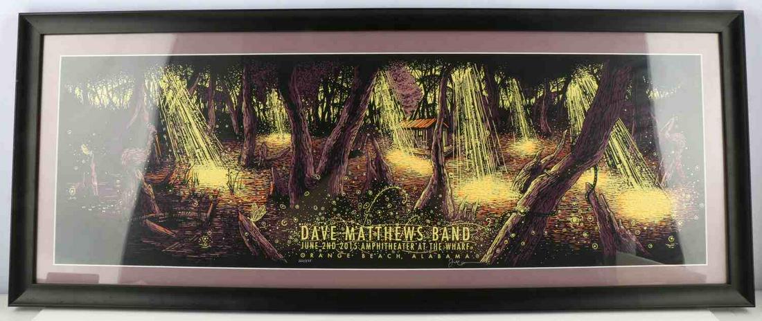 DAVE MATTHEWS BAND LIMITED EDITION CONCERT POSTER: Dave Matthews Band limited edition 260/525 silkscreen concert poster. Date: June 2 2015, Amphitheater at the Wharf, Orange Beach, Alabama. In great condition, framed and measuring 40x16 inches.
