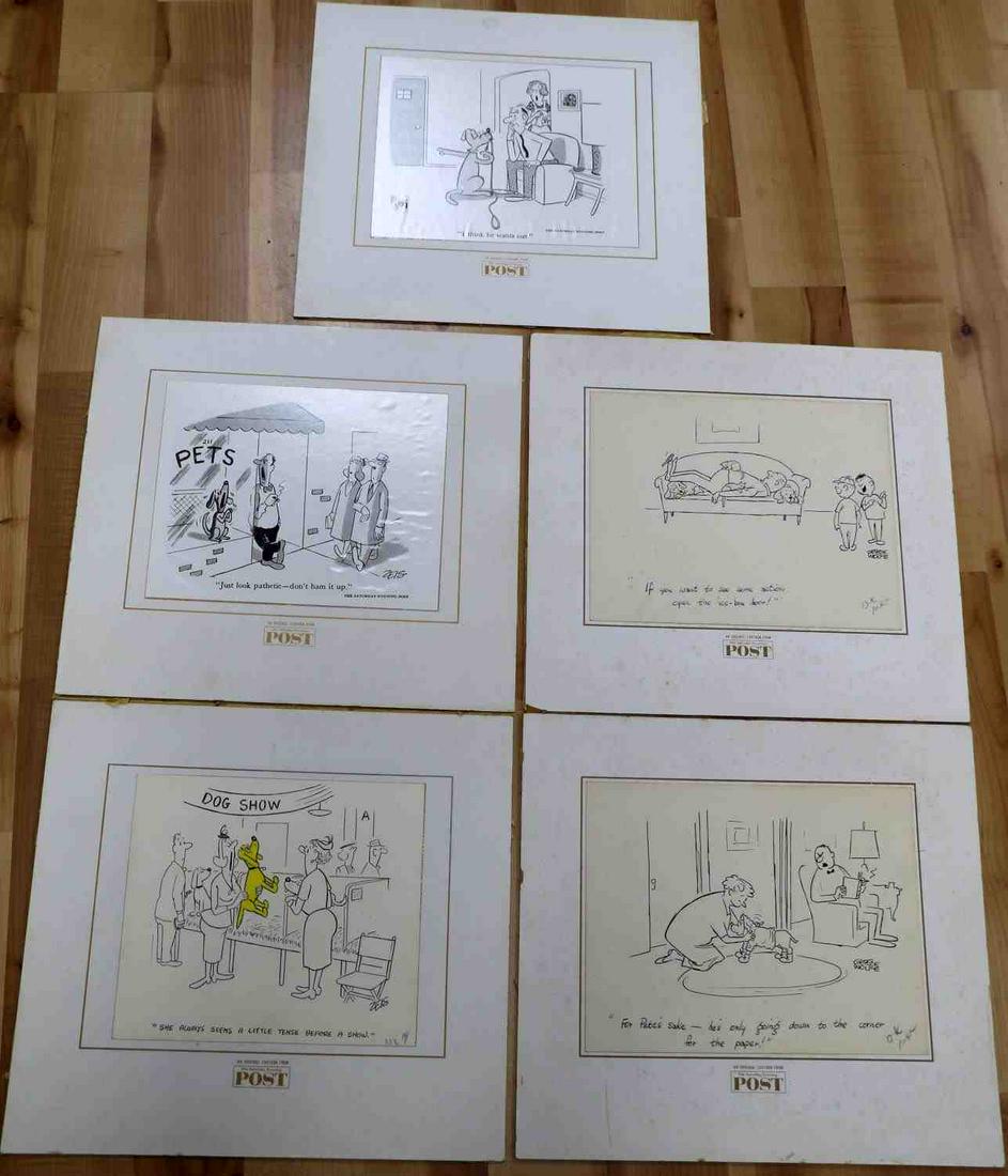 SATURDAY EVENING POST ORIGINAL DOG CARTOONS: 5 Dog themed 1960's Saturday Evening Post edition George Wolfe, Al Johns and Joseph Zeis vintage cartoons and editor proofs (with approval initials). All are mounted to matte board with some foxing, m