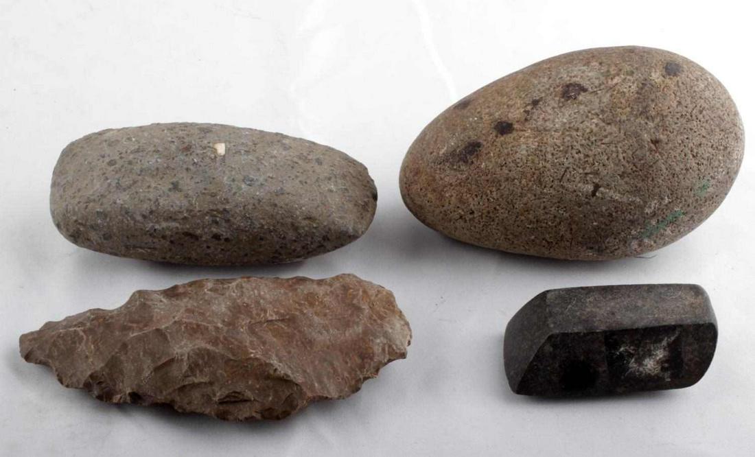 SOUTH CAROLINA INDIAN ARTIFACT LOT CELT ADZE MORE: Includes a 5 inch celt, 2 3/4 inch polished stone adze, has damage as photographed, hammer stone and 6 inch ax.