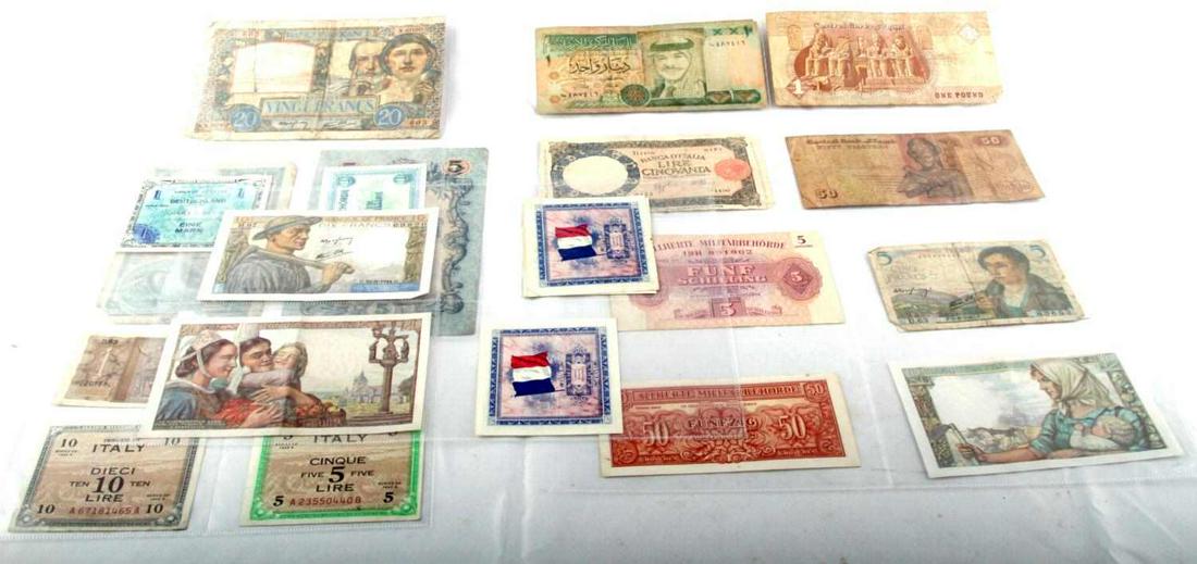 WWII ERA WORLD CURRENCY NOTES ITALY JORDAN FRANCE: Different denomination notes from Italy, France, Jordan, and Egypt, from 1940's. Good condition.