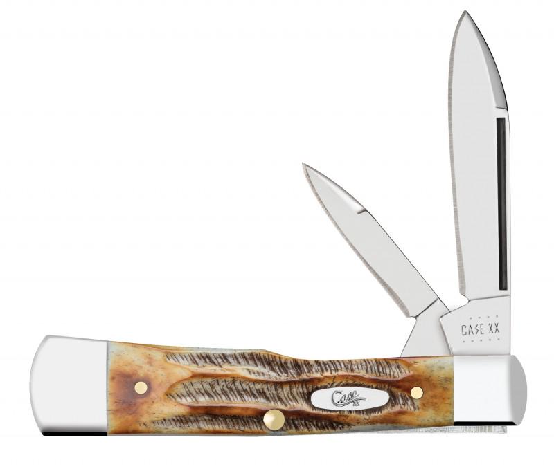NEW CASE 6.5 BONESTAG GUNSTOCK POCKET KNIFE: Case Gunstock is about 3 3/4 inches long (folded/closed) and weighs approximately 3.3 ounces. The handle is 6.5 BoneStag with an Oval Nickel Silver Script Inlay shield. The bolsters are highly polishe
