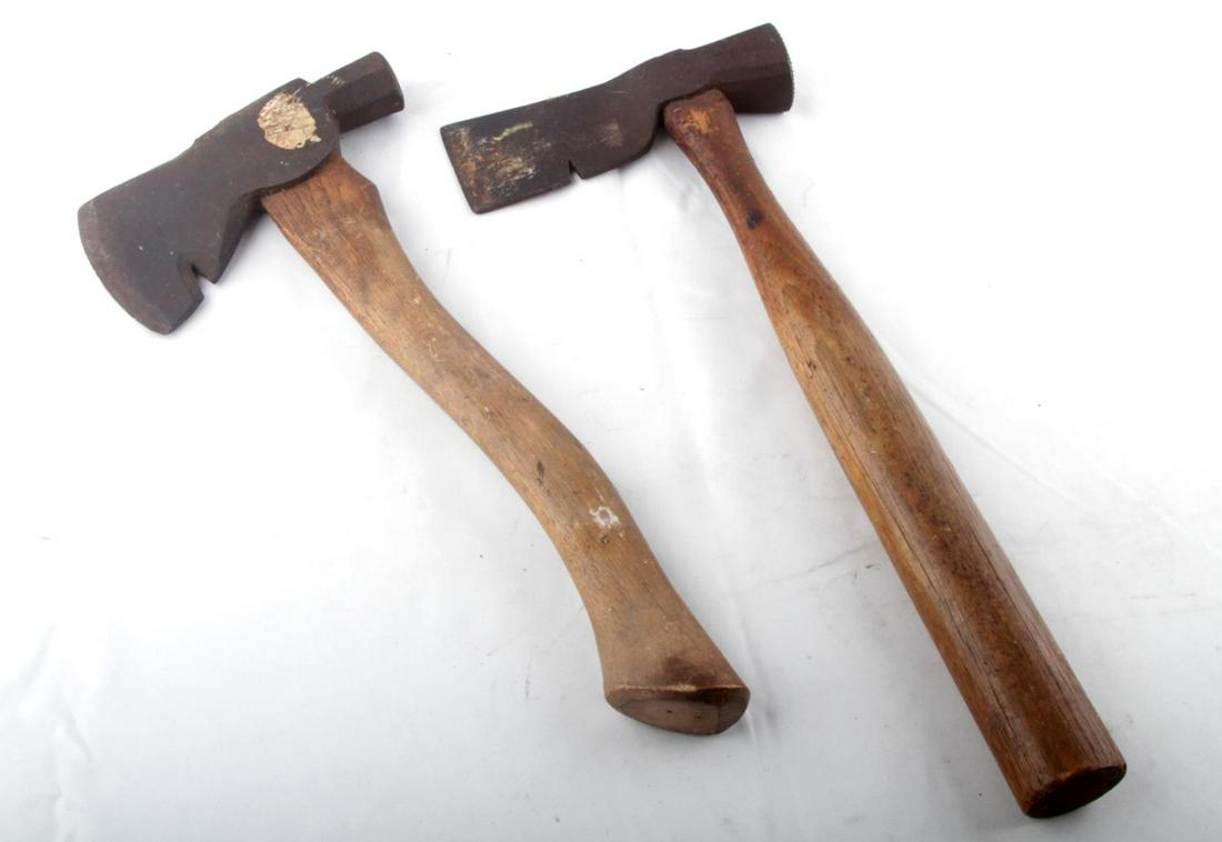 2 ANTIQUE CARPENTER HATCHETS LAKESIDE & CLARKS: 2 old Carpenter hatchets with nail pulls and hickory handles. Blades read Lakeside and Baker Hamilton Clarks San Francisco 77.