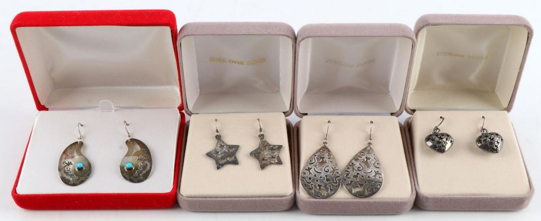 4 NATIVE & SOUTHWESTERN STERLING SILVER EARRINGS: $ pairs of sterling silver cutout style earrings includes Jeff James Jr Kokopelli with turquoise, Woods 925 large tear drop and a star and heart southwestern cutouts. All new and in good condition.