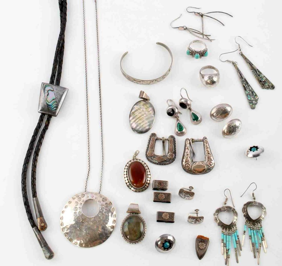 OLD PAWN SOUTHWESTERN NATIVE STERLING JEWELRY: Sterling silver vintage Mexico, Southwestern style and Old Pawn Native American pieces, Weight 156.7 grams (not including Bolo) This lot has a reserve.