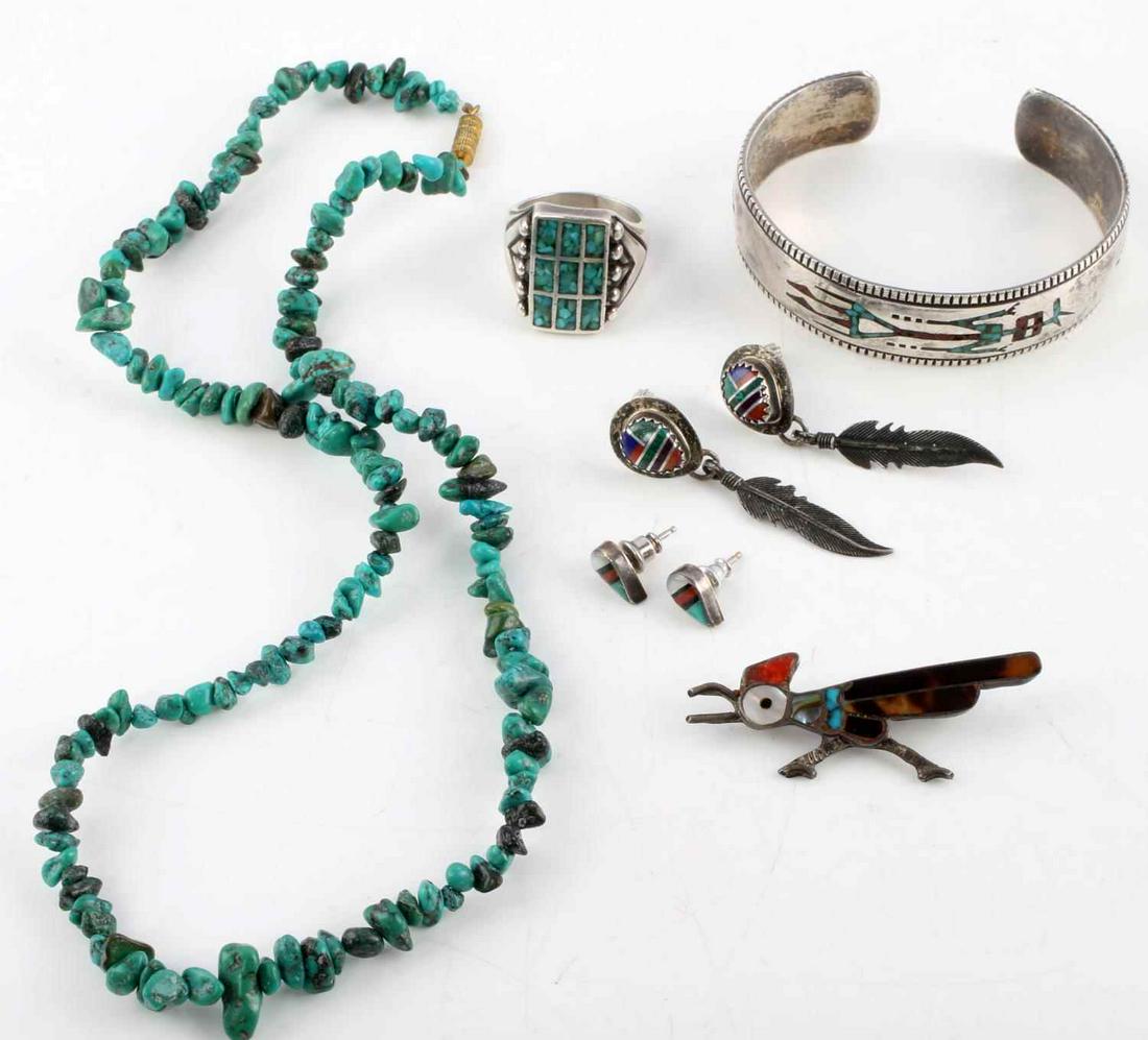 OLD PAWN NATIVE AMERICAN ZUNI STERLING SILVER: 2 inch Road Runner brooch, Tuquoise ring size 8, Kokopelli cuff 6 inches (including the gap). Natural turquoise necklace is 17 inches. Total silver weight 42.6 grams.