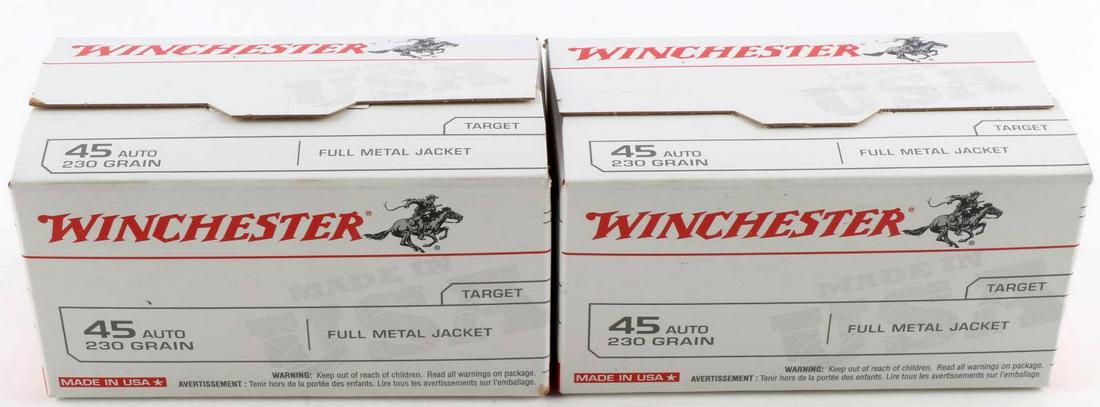 200 ROUNDS WINCHESTER 45 AUTO 230 GRAIN FMJ AMMO: 2 Full boxes of 100 Rounds of .45 ACP Ammo by Winchester 230gr FMJ. As per manufacturer 230 grain full metal jacket bullet at a muzzle velocity of 835 feet per second, typical for the .45 Auto cartrid