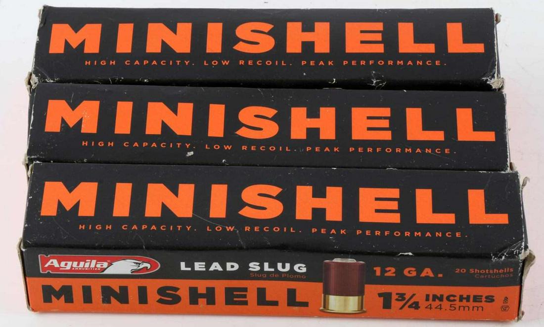 60 ROUNDS 12 GA SLUG MINISHELL SHOTGUN SHELLS AMMO: 60 Rounds of 12 Gauge - 1 3/4 inches, Lead Slug Aguila Shotgun MINISHELL Ammunition. Lot includes 3 boxes of 20 rounds, total of 60 MINISHELL rounds.