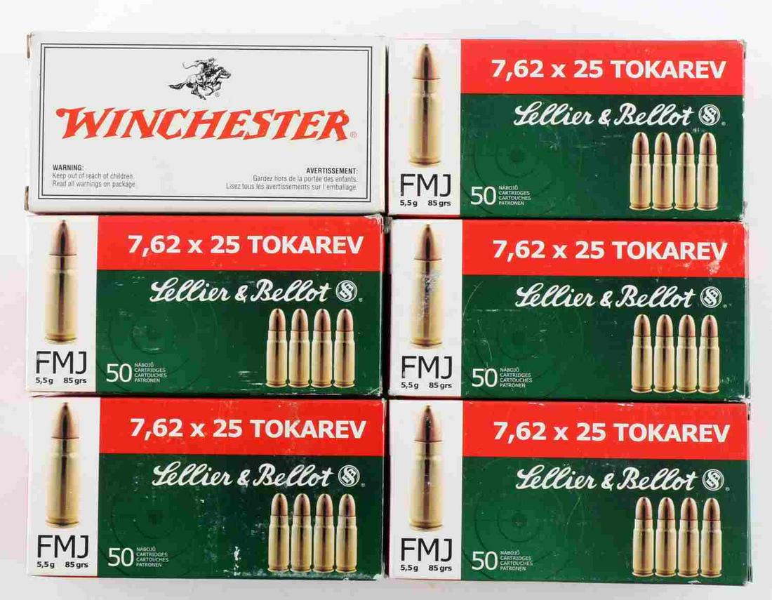 300 ROUNDS 7.62 X 25 TOKAREV RIFLE AMMUNITION AMMO: 300 Rounds of 7.62 X 25 Tokarev, 85 Grain FMJ Rifle Ammunition. Lot includes (5) Full Lellier & Bellot boxes of 50 rounds each, and (1) Full Winchester box of 50 rounds, total of 300 rounds.