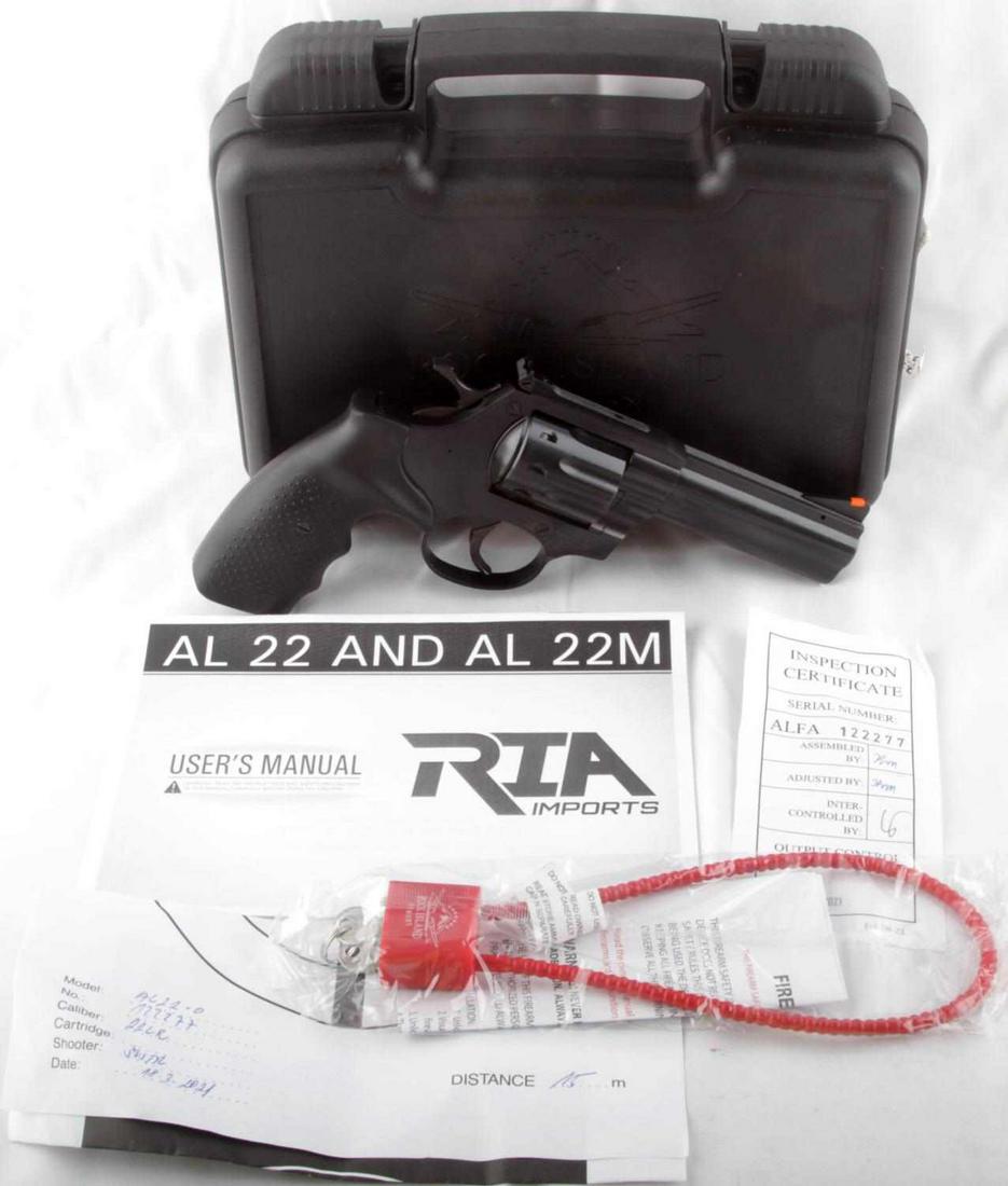 ROCK ISLAND ARMORY AL22 .22LR REVOLVER NEW IN BOX: Rock Island Armory AL22 .22LR revolver, new in box. Comes with owner's manual, inspection target, and inspection certificate. FFL required for transfer. No international shipping. Caliber: .22LR Seria