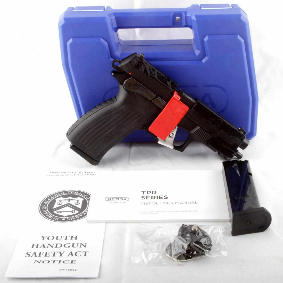 NIB BERSA TPR9 9MM SEMI AUTOMATIC HANDGUN: New in box Bersa TPR9 9mm semi-automatic handgun with two 17-round magazines, gun lock, manual, and case. Black aluminum alloy and polymer construction. 4-inch barrel marked with serial, model, make, 
