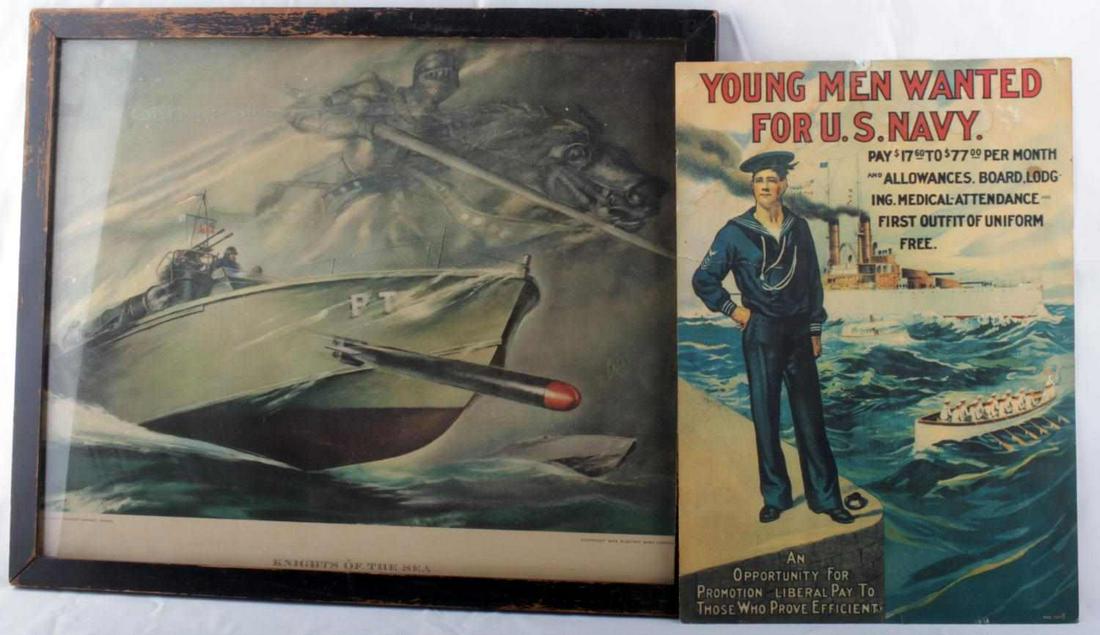 1909 U.S. NAVY RECRUITING POSTER & 1943 PT BOAT: Non pixilated, lower right RAD 73713, some foxing and a taped tear about 3 inches, 9.75 BY 13 7/8 inches, 1943 Electric boat company PT Knights of the Sea original dated 1943 poster, frame which can b