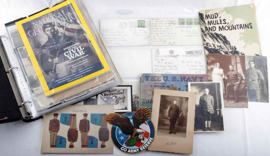 WWI WWII PHOTOGRAPH & EPHEMERA SCRAPBOOK: WWI Photographs of all types in the US and in France. 1944 Bill Mauldon Mud Mules and Mountains, WWII Aviation Postcards, 1965 Airman Magazine, Stickers, WWII aircraft and ship statistics, post WWII m
