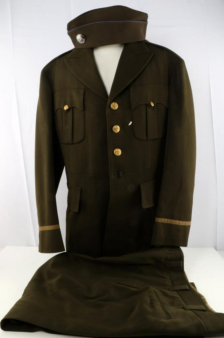 WWII US ARMY AIR CORPS MILITARY FULL DRESS UNIFORM: WWII U.S. Army Air Corps Military Full Dress Uniform; includes (1) Suit Jacket, measures approx. 32 X 18 inches. Complete with all buttons with US Army insignia, silk interior lining, and gold ribbon 