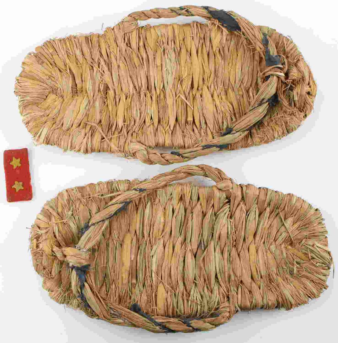 ALEUTIAN ISLANDS JAPANESE SANDALS BRING BACK WWII: Sandals are hand crafted of natural material and come with enlisted man's insignia and a note that reads "Japanese sandals found on Attu Island. Included is an enlisted man's insignia found with the s